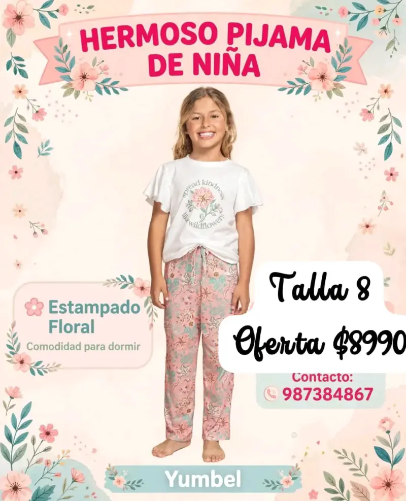 Pijama de niña estampado floral talla 8