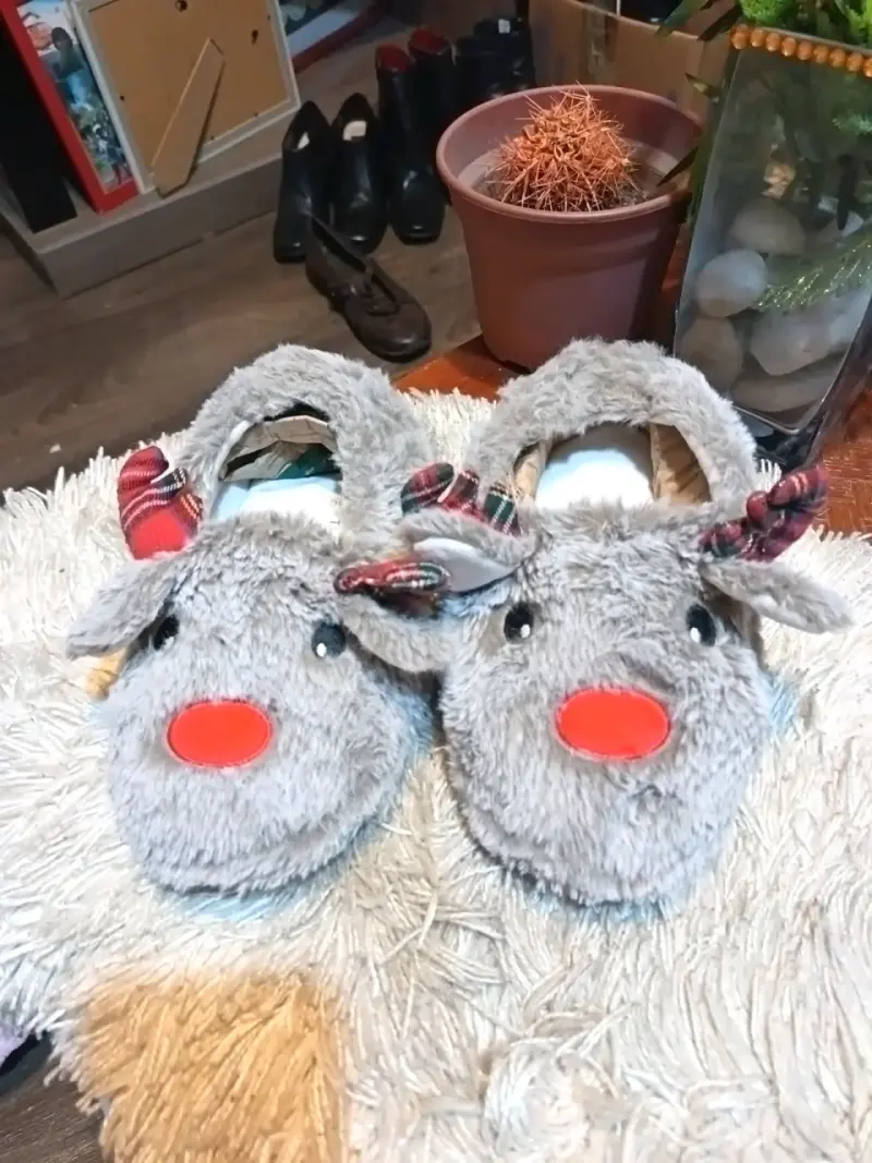 Pantuflas de reno gris con nariz roja - 1
