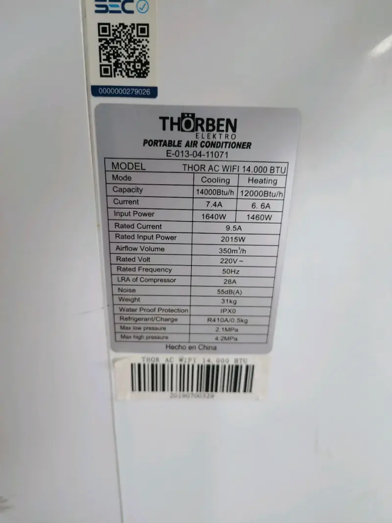 Aire Acondicionado Portátil Thorben 14 mil btu