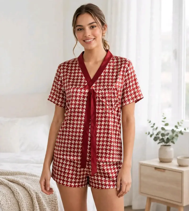 Pijama de satén con diseño pata de gallo rojo - 1