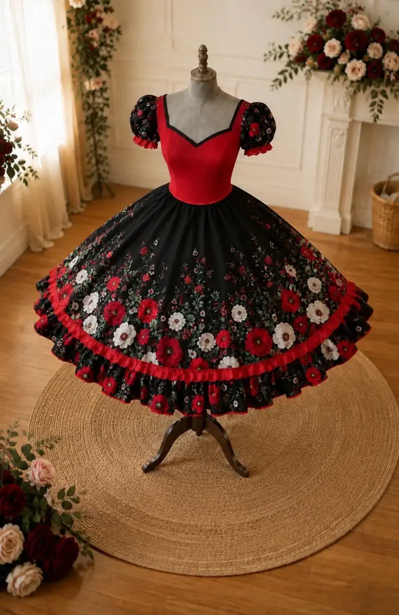 Vestido de fiesta floral rojo y negro