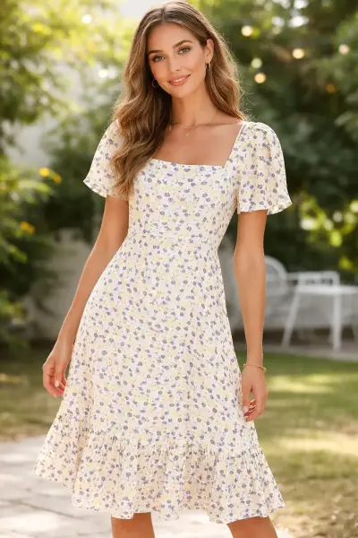 Vestido floral amarillo con mangas cortas - miniatura 6