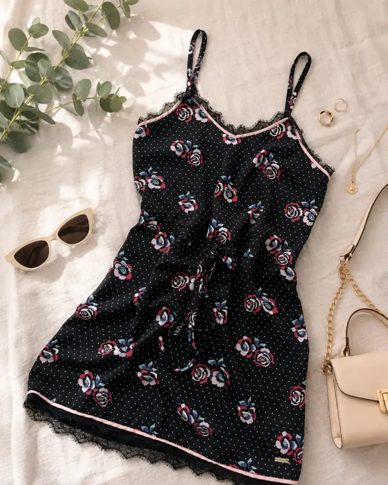 Vestido negro con estampado floral - 1