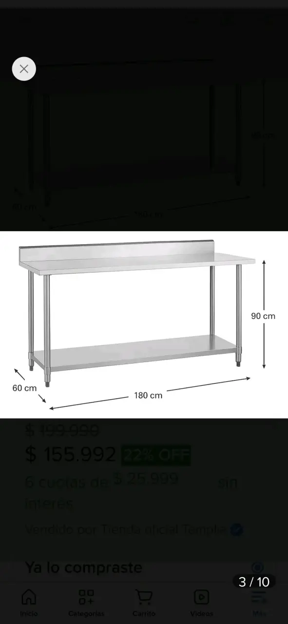 Mesa de trabajo de acero inoxidable 180x60 cm