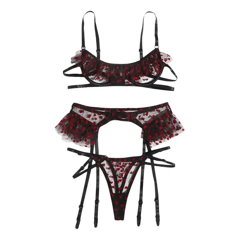 Conjunto de lencería negro con corazones rojos - 1