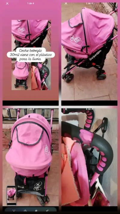 Coche Bebeglo rosa con plástico para lluvia - miniatura 1