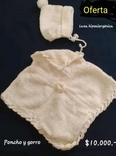 Set poncho, gorro y zapatos bebé lana - miniatura 1