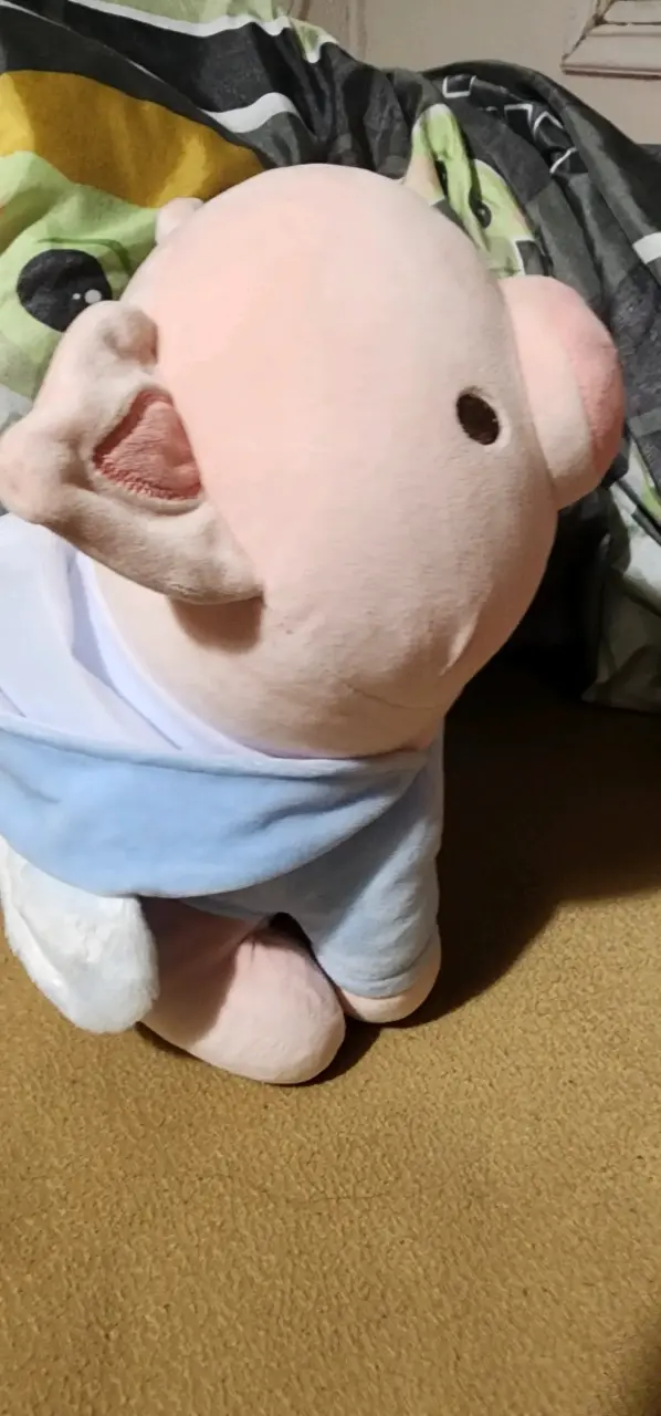 Peluche de cerdito rosado con ropa azul MINISO - 2