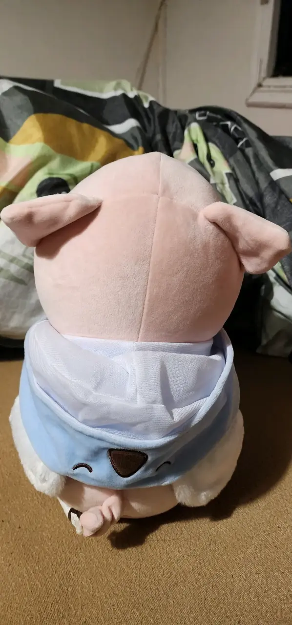 Peluche de cerdito rosado con ropa azul MINISO - 3