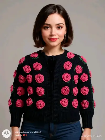 Chaleco tejido, azul marino con rosas en relieve - miniatura 1