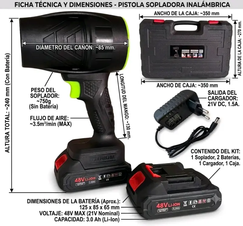 Soplador portátil inalámbrico 48V con 2 baterias - 5
