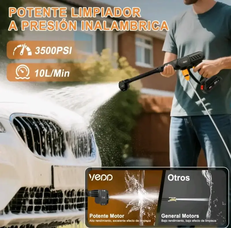 Hidrolavadora inalámbrica 3500 PSI con accesorios - 3