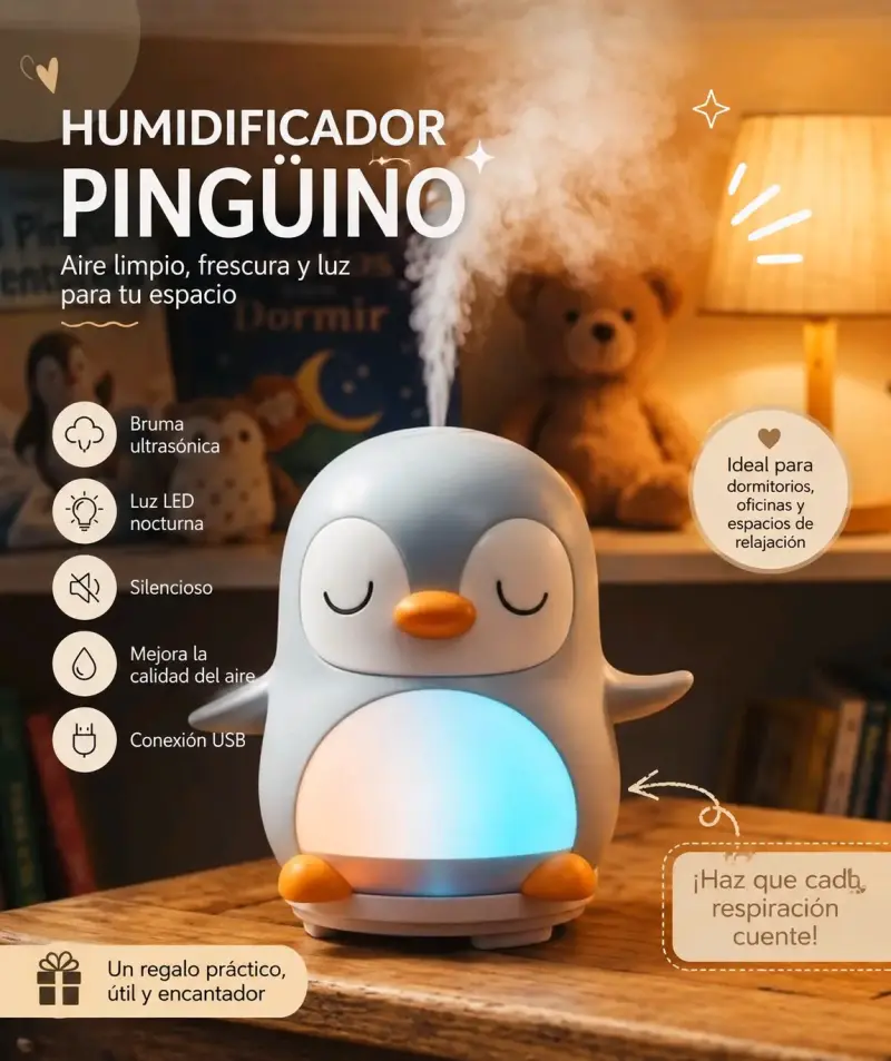 Humidificador Pinguino con Luz LED Nocturna