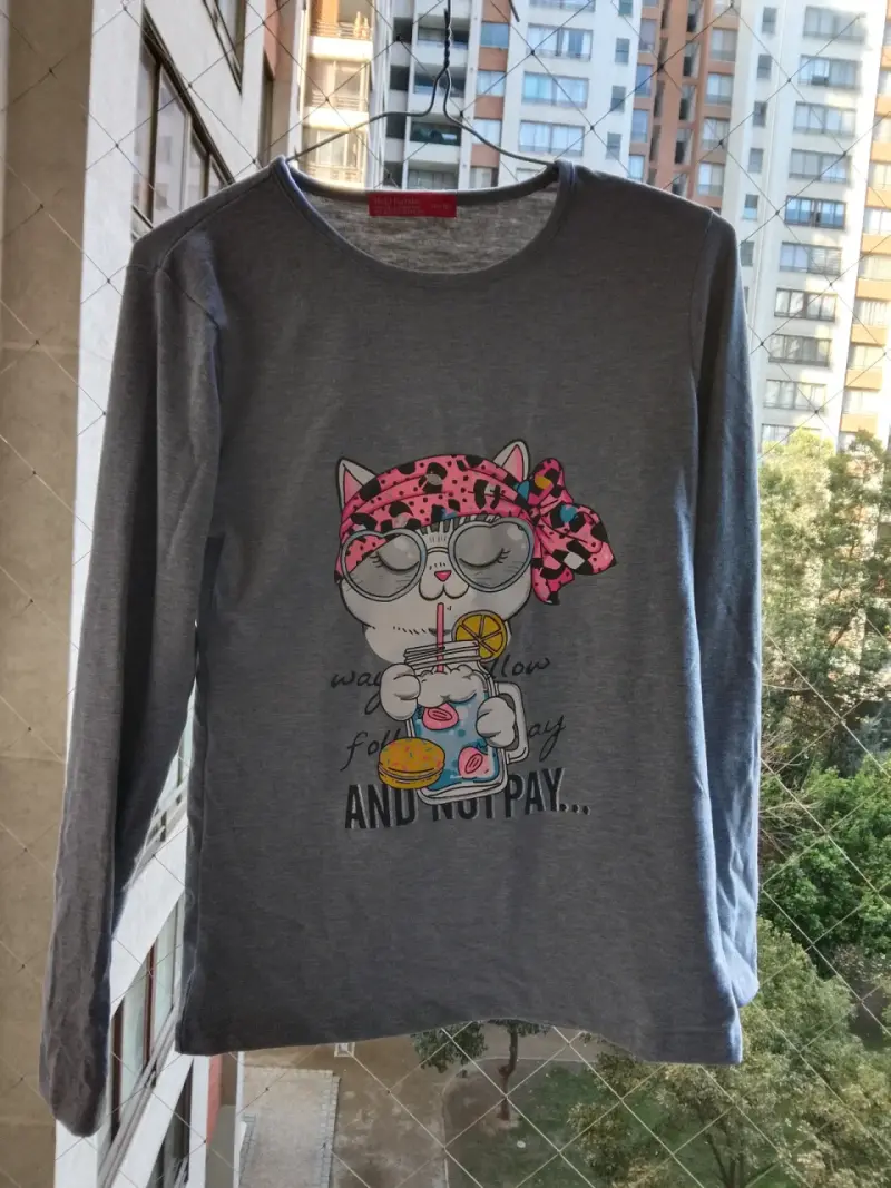 Polera manga larga gris con diseño de gato - 1