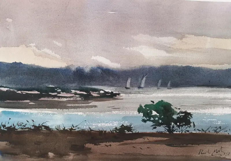 Acuarela de paisaje marino con veleros