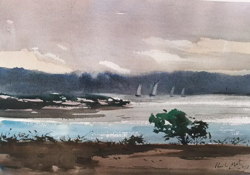 Acuarela Paisaje Marino con Barcos - 1