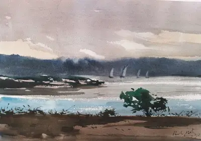 Acuarela Paisaje Marino con Barcos - miniatura 1
