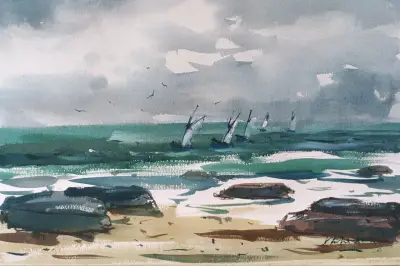 Acuarela Paisaje Marino con Barcos - miniatura 2