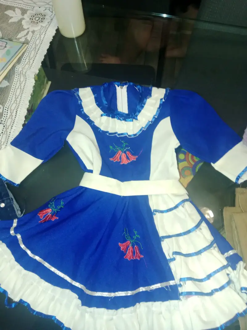 Vestido de huasa azul para niña con bordados