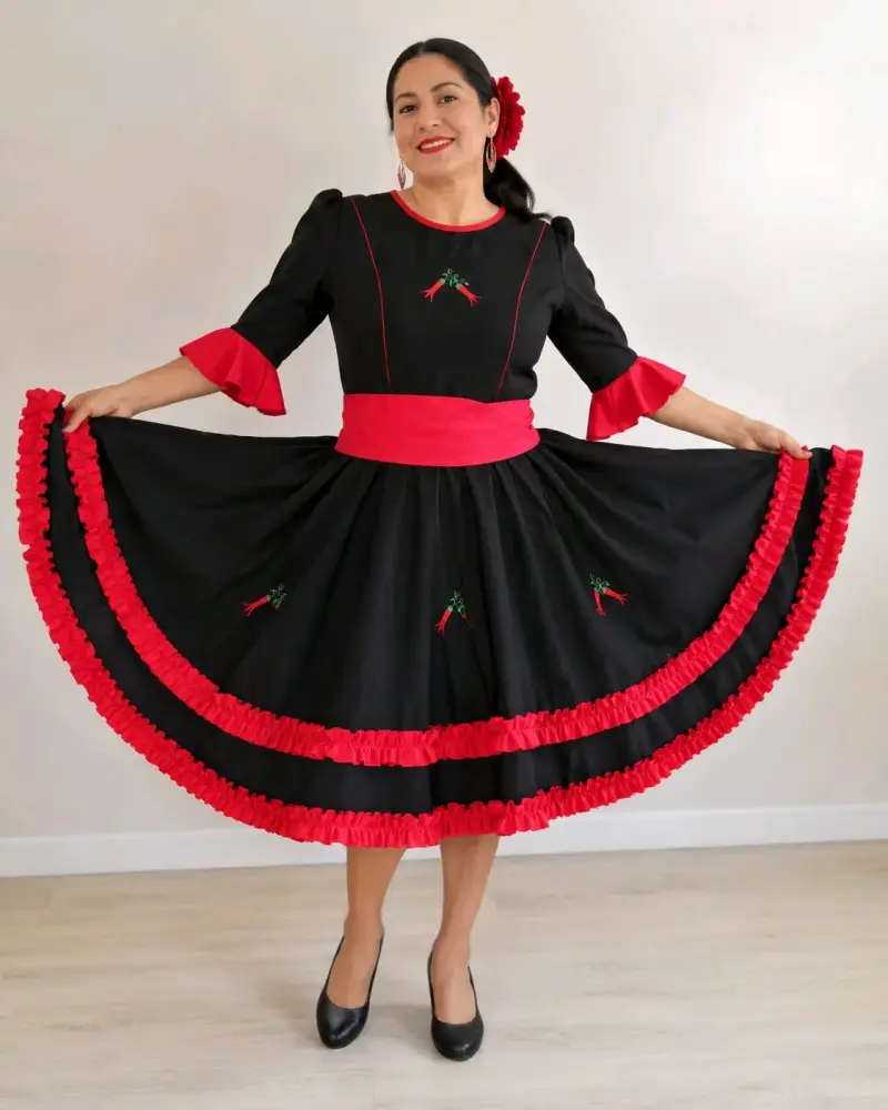 Vestido de Huasa Tradicional Negro y Rojo