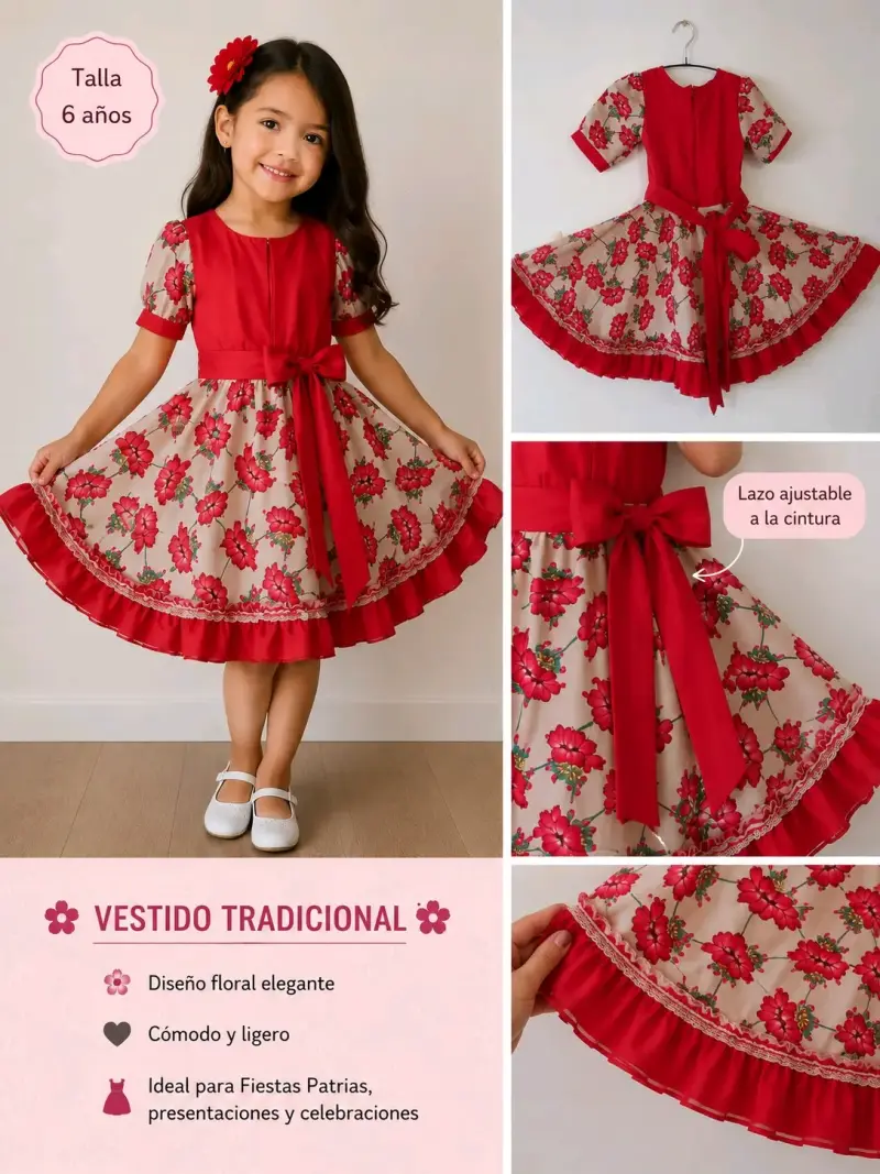Vestido tradicional floral para niña talla 6 años