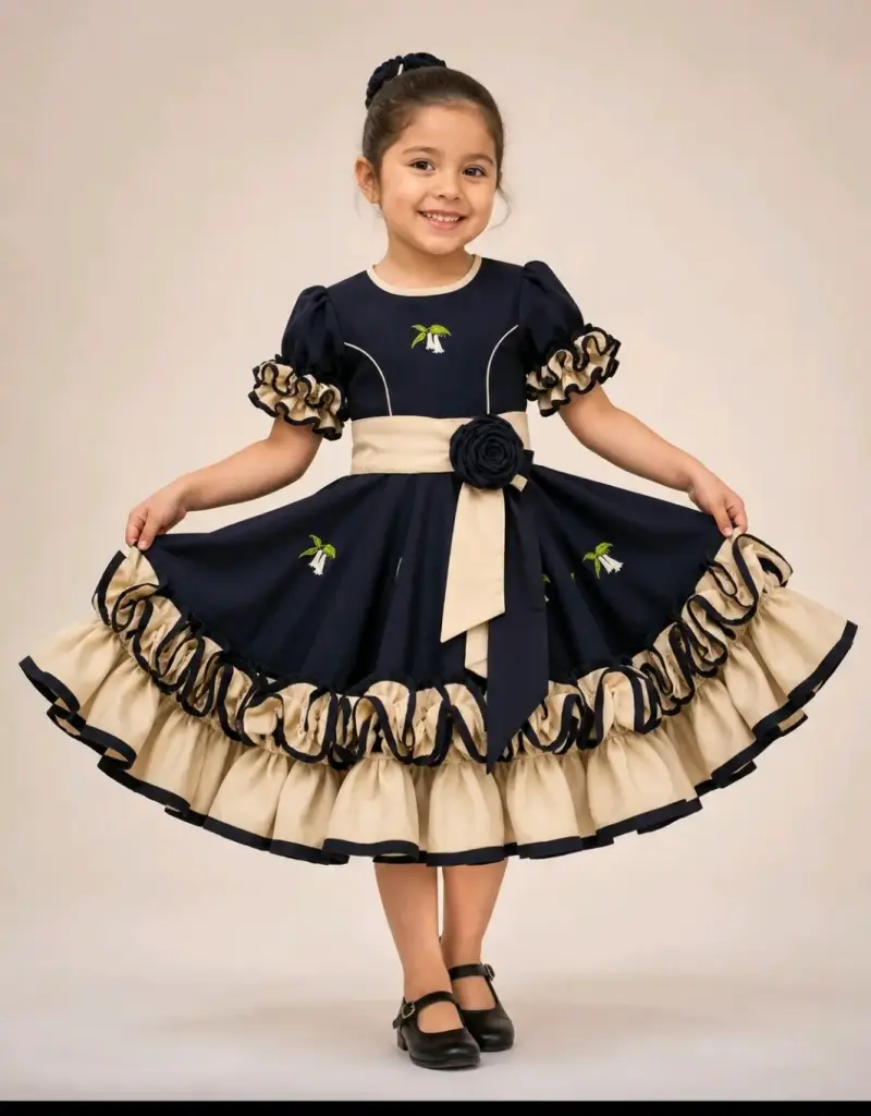 Vestido de huasa azul marino con volantes beige