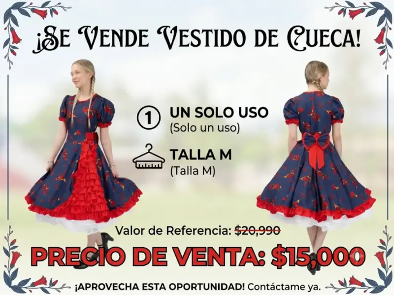 Vestido de cueca azul con flores y volantes