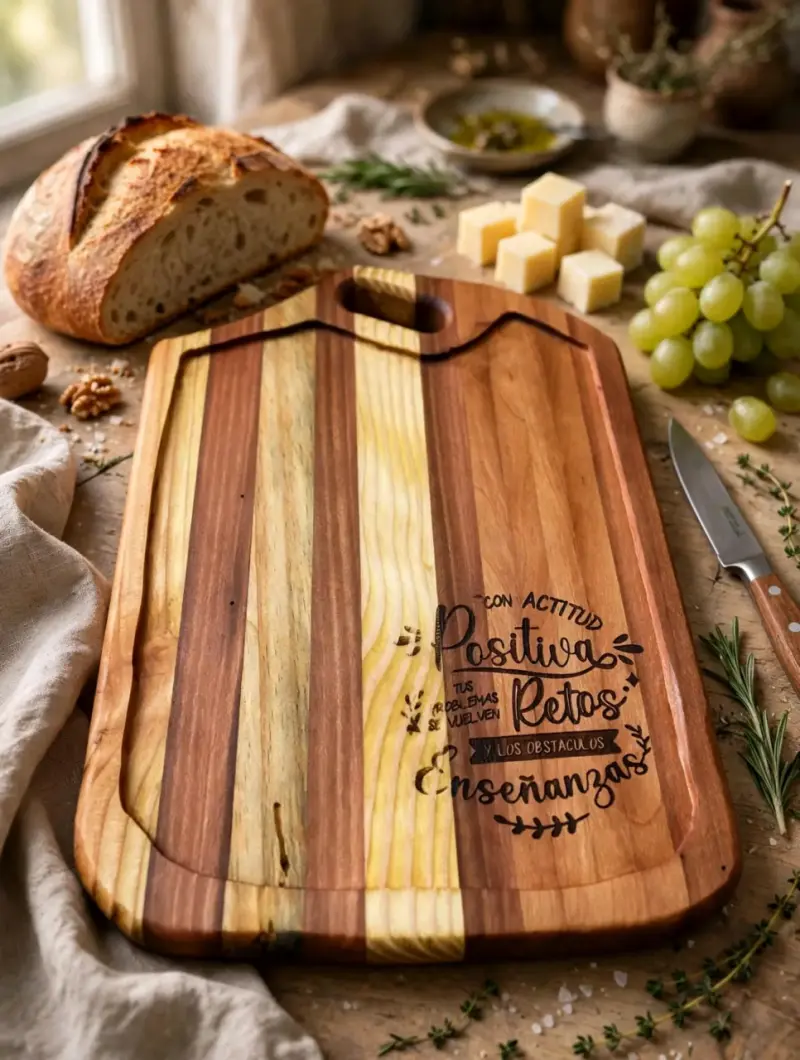Tabla de cortar de madera con grabado decorativo