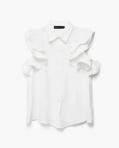 Blusa Vuelos Plisados, Semi Transparente, Crudo - miniatura 5