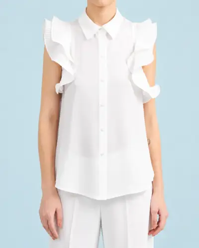 Blusa Vuelos Plisados, Semi Transparente, Crudo - miniatura 6