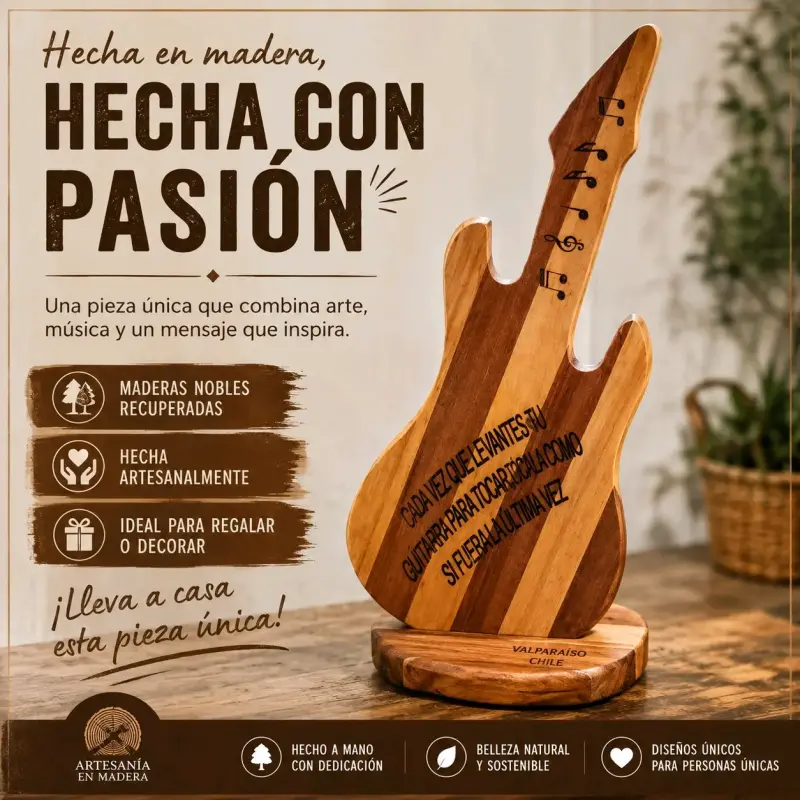 Escultura de guitarra en madera artesanal