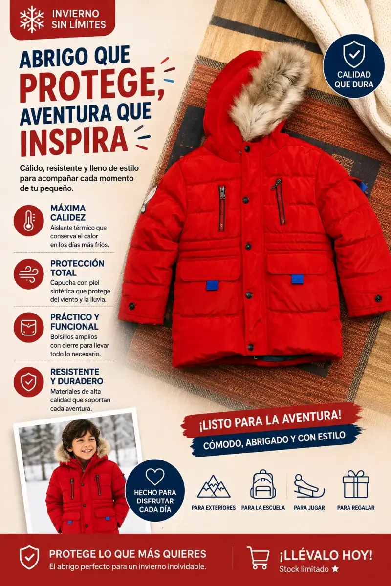 Abrigo infantil rojo con capucha de piel sintética - 1