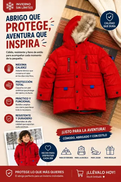 Abrigo infantil rojo con capucha de piel sintética - miniatura 1