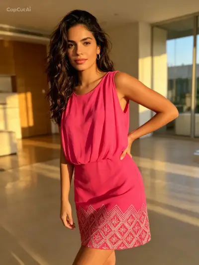 Vestido corto fucsia con bordado geométrico - miniatura 1