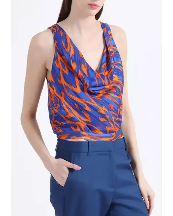 Blusa sin mangas azul y naranja estampada - 2