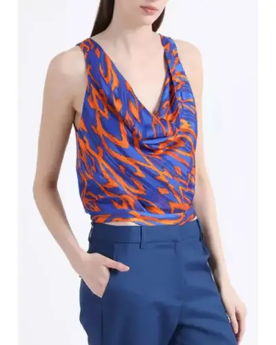 Blusa sin mangas azul y naranja estampada - miniatura 2