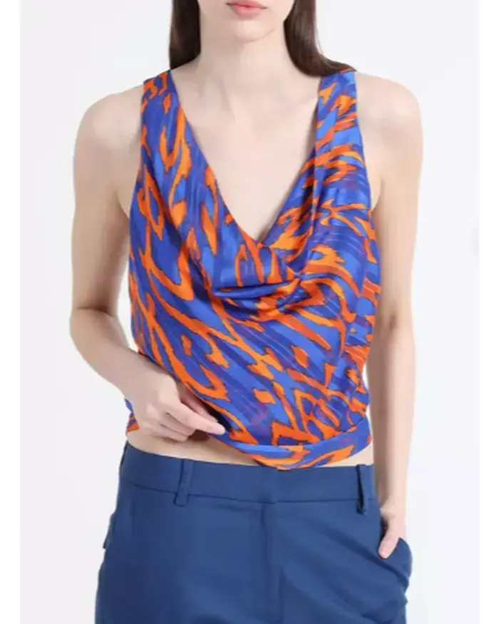 Blusa sin mangas azul y naranja estampada - 3