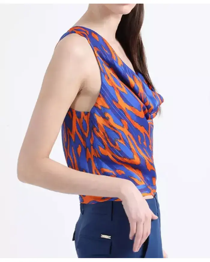 Blusa sin mangas azul y naranja estampada - 4