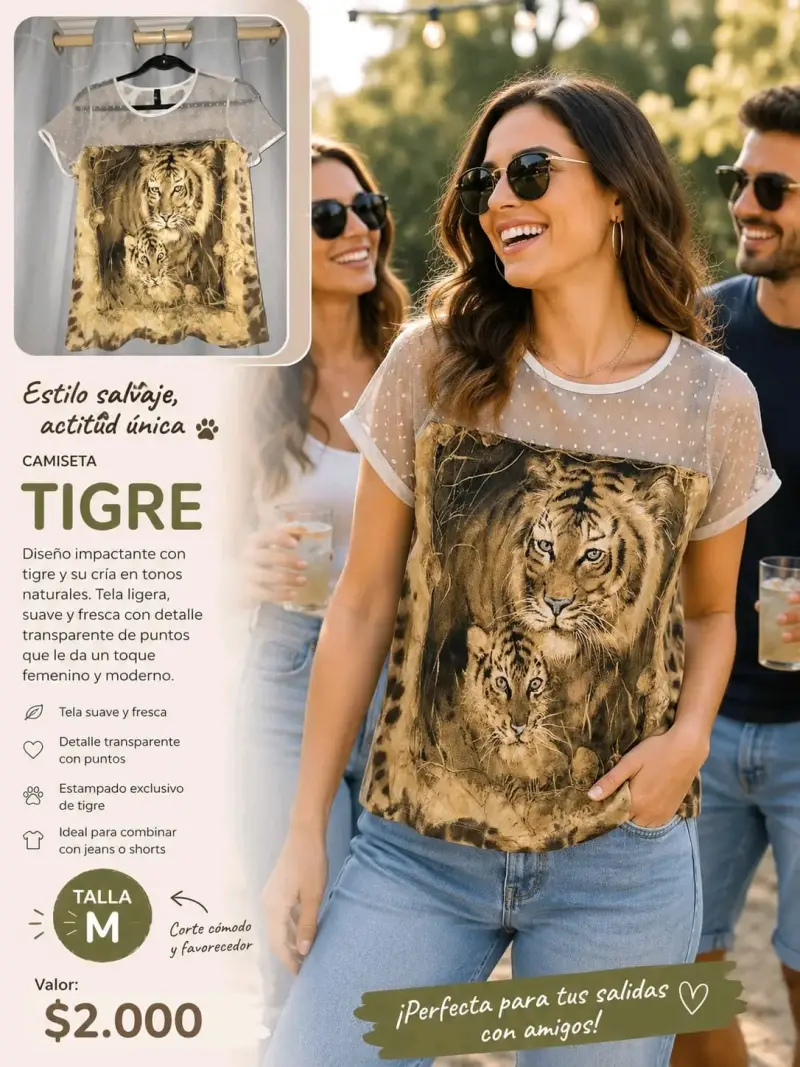 Camiseta con estampado de tigre y transparencia