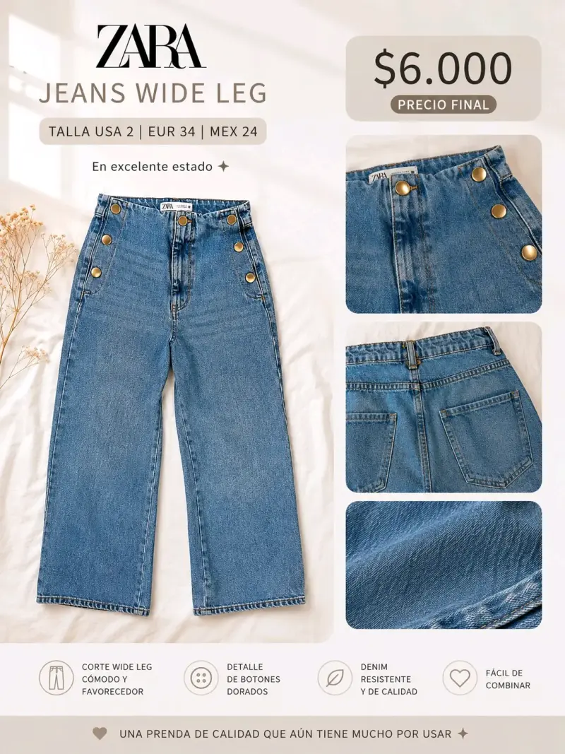 Jeans Wide Leg Zara Talla 34 Azul