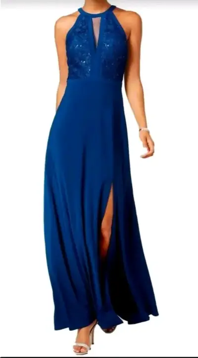 Vestido largo azul con encaje y abertura - miniatura 6