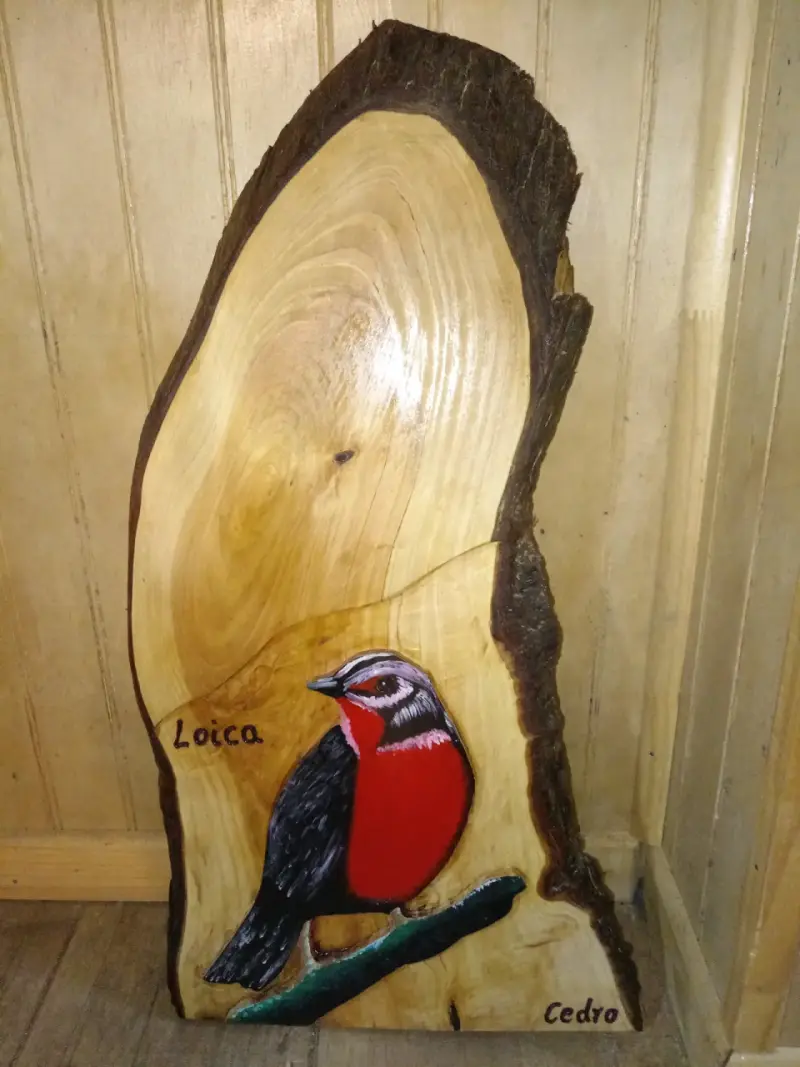 Tabla de madera artesanal con diseño de Loica