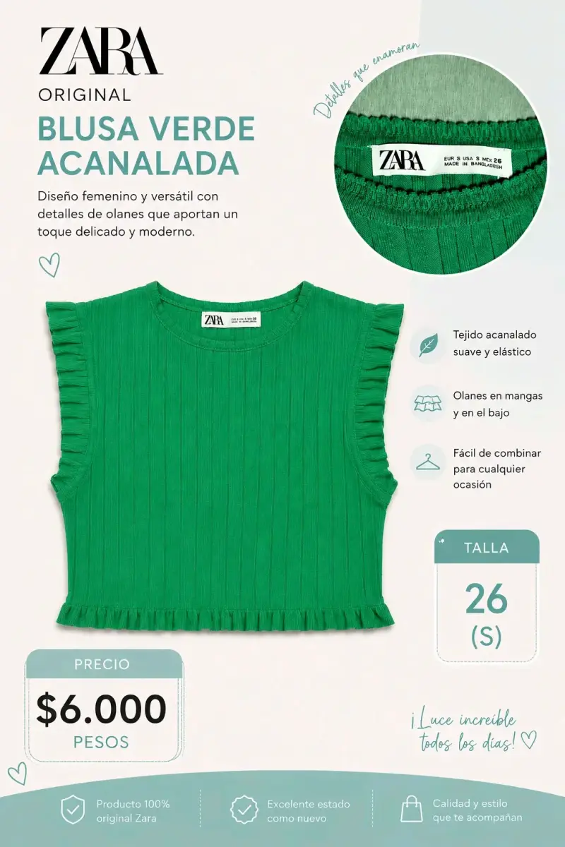Blusa verde acanalada Zara talla S