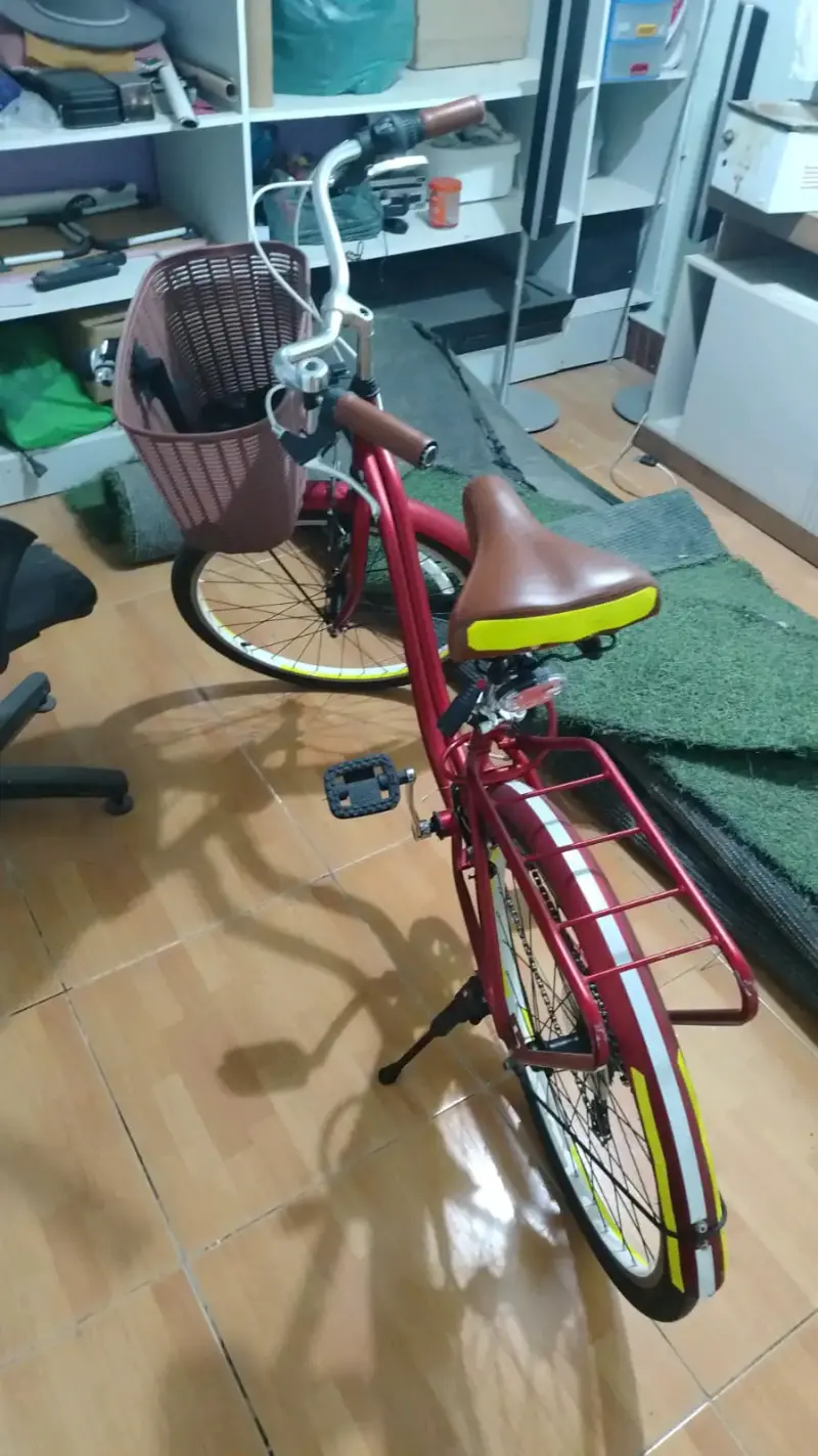 Bicicleta urbana roja con canasto delantero