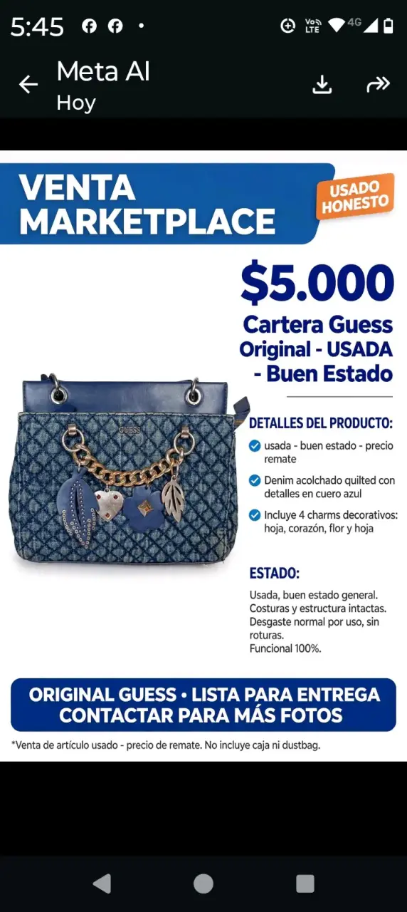 Cartera Guess Original Azul Usada Buen Estado - 1
