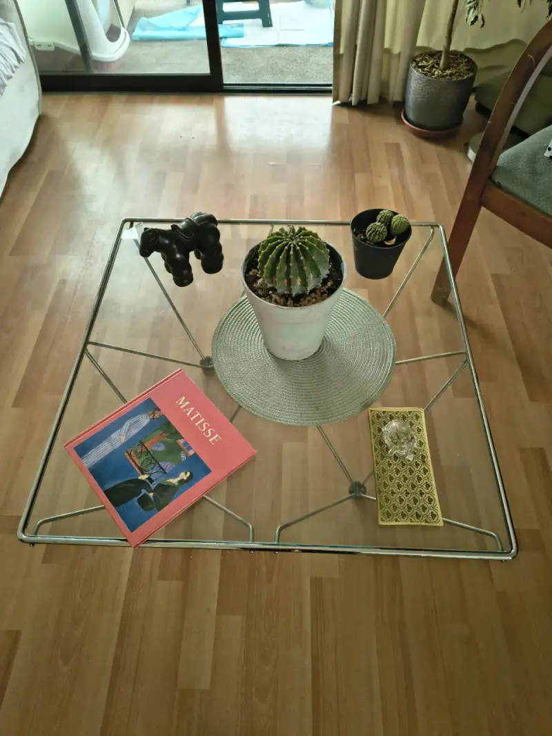 Mesa de centro de vidrio y metal moderna