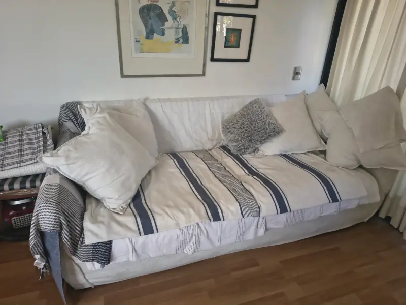 Sofá beige con cojines decorativos