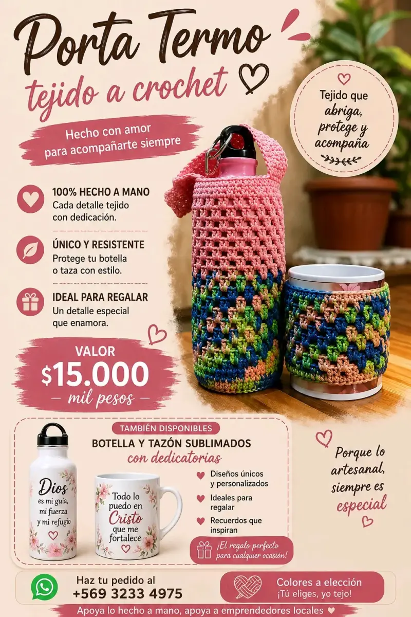Porta termo tejido a crochet hecho a mano