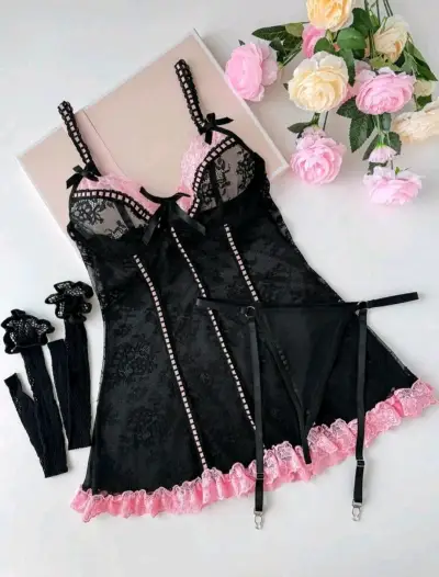 Conjunto de lencería sexy negro con encaje - miniatura 6