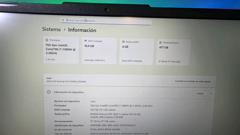 Asus tuf a15 i711800h 3050ti 4gb 521ssd con detall - 5